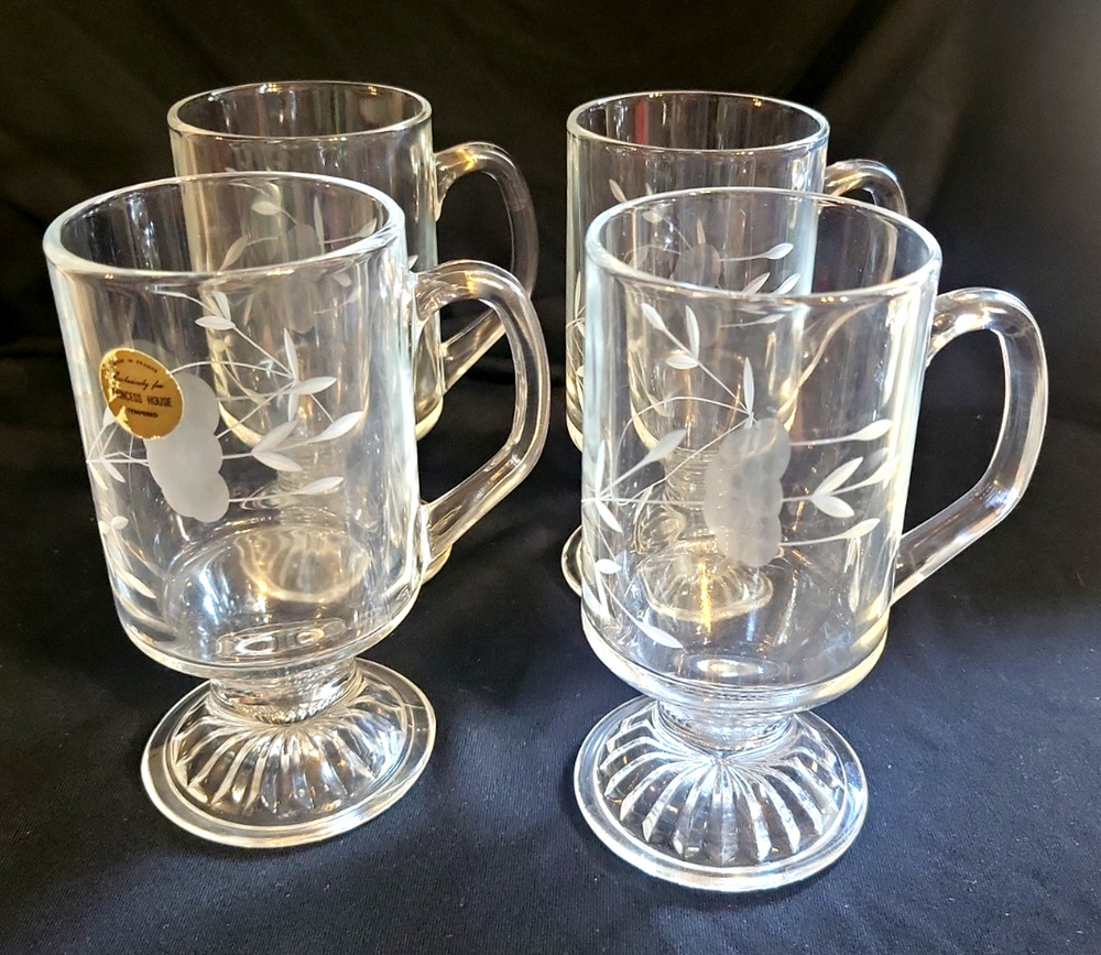 Princess House Heritage Crystal Glass Irish Coffee Mug Cup Complete Set of 4